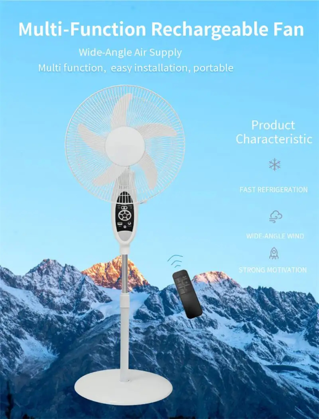 Ventilateur solaire avec ventilateur lumineux LED, ventilateurs sur pied rechargeables de 16 pouces avec panneau et le telecommande